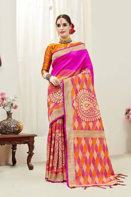 Pink printed kanchipuram silk saree with blouse 1