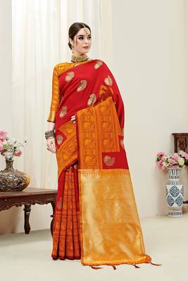 Red printed kanchipuram silk saree with blouse 1