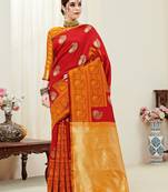 Red printed kanchipuram silk saree with blouse