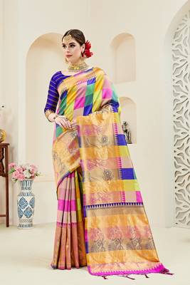 Multicolor printed kanchipuram silk saree with blouse 1