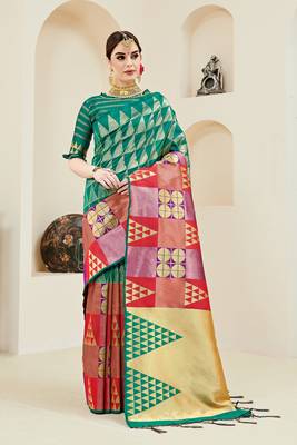Multicolor printed kanchipuram silk saree with blouse 1