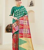 Multicolor printed kanchipuram silk saree with blouse