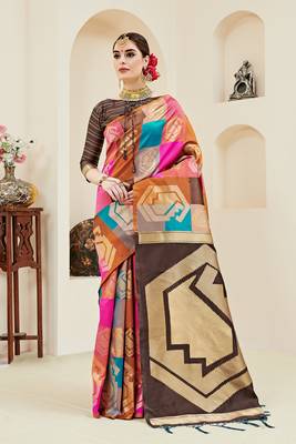 Multicolor printed kanchipuram silk saree with blouse 1