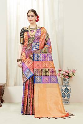 Multicolor printed kanchipuram silk saree with blouse 1