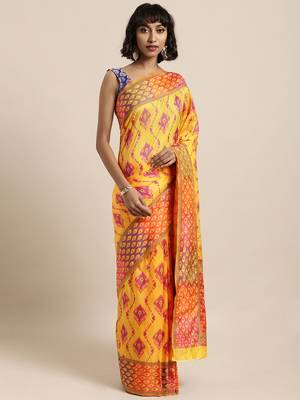 Yellow printed art silk sarees saree with blouse 1