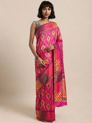 Pink printed art silk sarees saree with blouse 1
