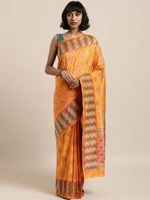 Orange printed art silk sarees saree with blouse 1
