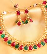 Lovely Goldtone Red Green Kundan Necklace With Earrings DJ16601