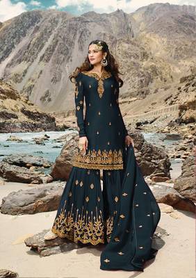 Dark-blue embroidered faux georgette salwar 1