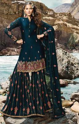 Dark-turquoise embroidered faux georgette salwar 1