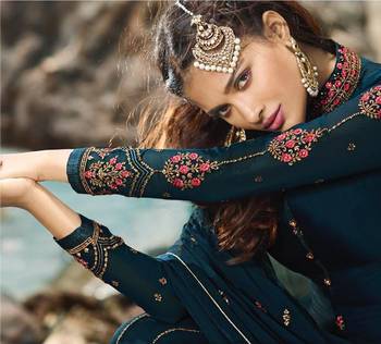 Dark-turquoise embroidered faux georgette salwar 2