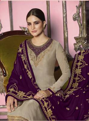 Beige salwar kameez with embroidered dupatta 2