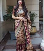 Beige woven banarasi silk saree with blouse