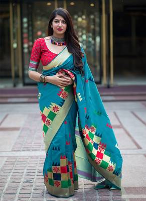 Sky blue woven banarasi silk saree with blouse 1
