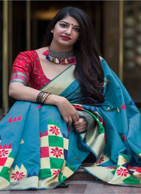 Sky blue woven banarasi silk saree with blouse 2