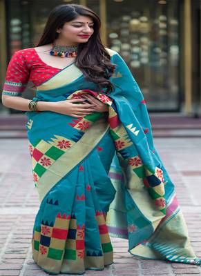 Sky blue woven banarasi silk saree with blouse 3