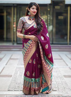 Wine Woven Banarasi Silk Saree With Blouse 1