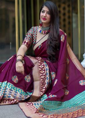 Wine Woven Banarasi Silk Saree With Blouse 2