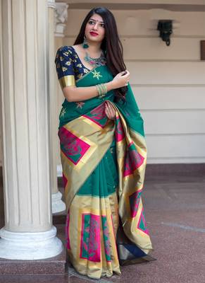 Teal woven banarasi silk saree with blouse 1