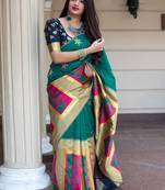 Teal woven banarasi silk saree with blouse