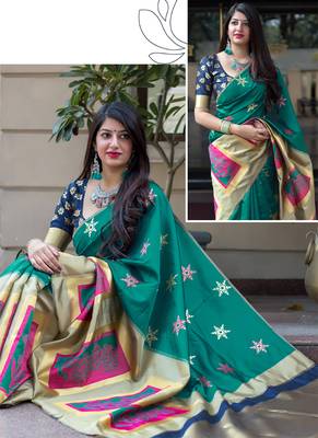 Teal woven banarasi silk saree with blouse 2