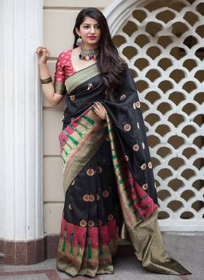 Black woven banarasi silk saree with blouse 1