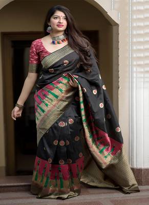 Black woven banarasi silk saree with blouse 2
