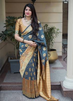 Grey woven banarasi silk saree with blouse 1