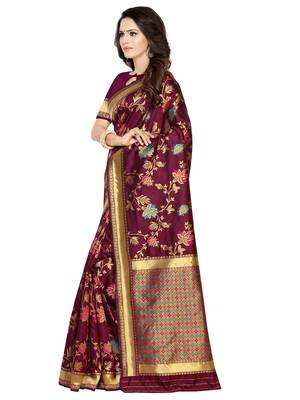 Maroon woven poly silk saree with blouse 2