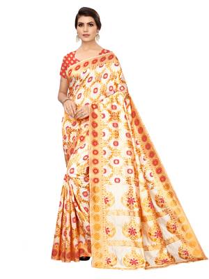 White woven poly silk saree with blouse 1