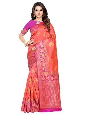 Pink Woven Poly Silk Saree With Blouse 1
