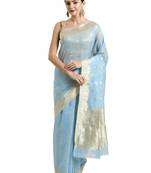 Blue woven cotton silk saree with blouse