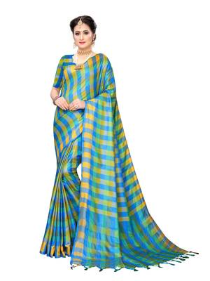 Blue woven poly silk saree with blouse 1