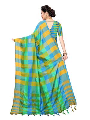 Sky blue woven poly silk saree with blouse 4