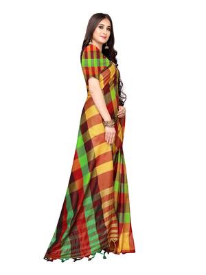 Yellow woven poly silk saree with blouse 3