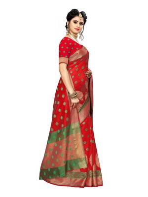 Red woven art silk saree with blouse 3