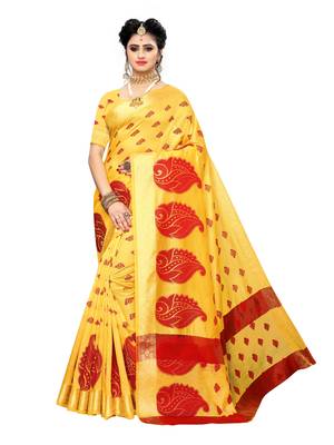 Yellow woven art silk saree with blouse 1