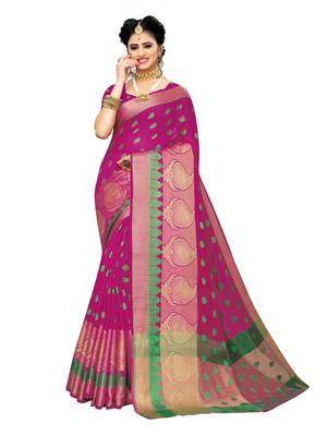 Pink woven art silk saree with blouse 1