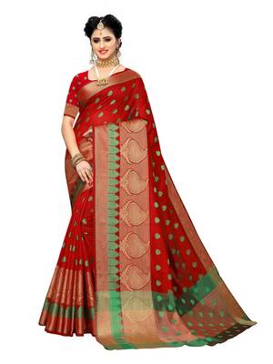 Red woven art silk saree with blouse 1