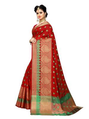 Red woven art silk saree with blouse 2
