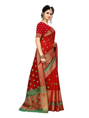 Red woven art silk saree with blouse 3