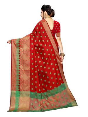 Red woven art silk saree with blouse 4