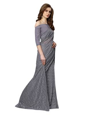 Grey Brasso Net Saree With Blouse 3
