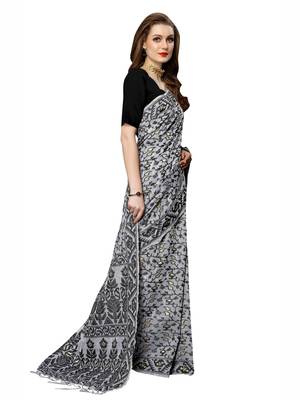 White Woven Chanderi Silk Saree With Blouse 3