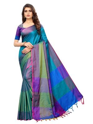 Turquoise woven poly silk saree with blouse 1
