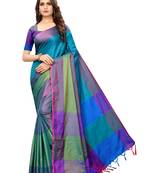 Turquoise woven poly silk saree with blouse