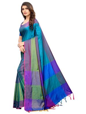 Turquoise woven poly silk saree with blouse 2