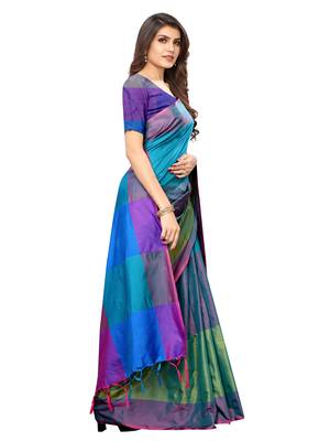 Turquoise woven poly silk saree with blouse 3