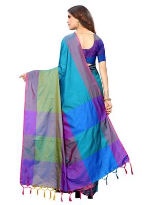 Turquoise woven poly silk saree with blouse 4