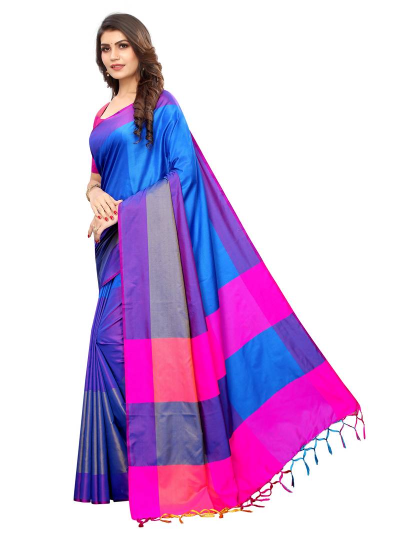 Blue Woven Poly Silk Saree With Blouse